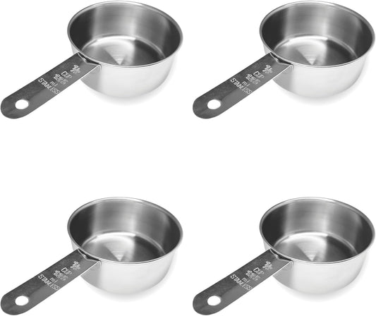 1/2 Cup Stainless Steel Measuring Cup | Sturdy Metal 125 ml | 125 cc | 4 oz | Single Cup for Wet and Dry Ingredients | Great for use as 1/2 Cup Dog Food Scoop - 4 PK