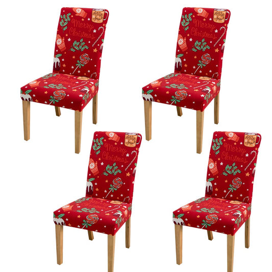 Christmas Dining Chair Covers, Xmas Stretch Chair Protector Slipcovers, Printed candy cane,candy,cake,eggnog,evergreen bough,stars,mitten,Poinsettia Spandex Chair Cover Set of 4 (Christmas-06)