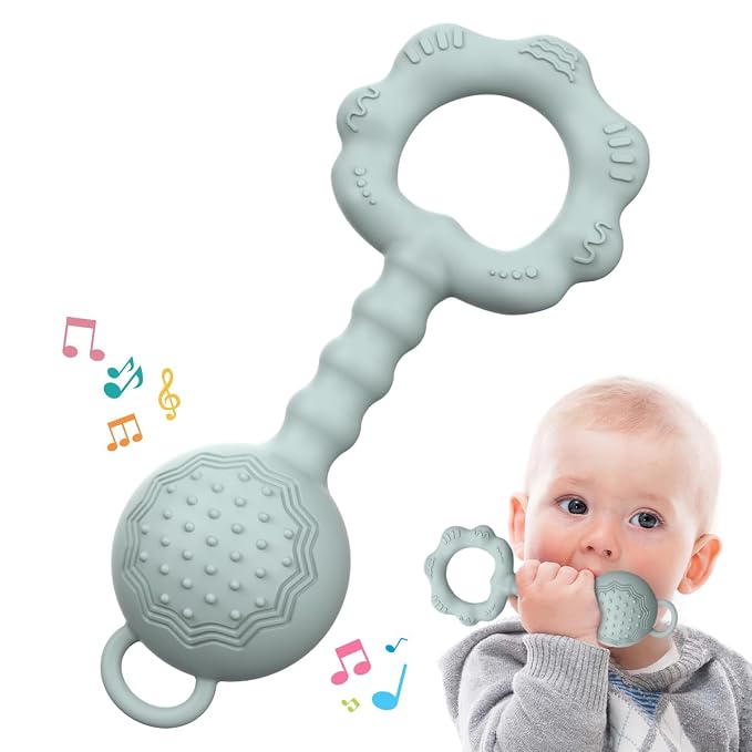Teethers for Babies 0-6 Months, Rattles for Babies 6-12 Months, 2-in-1 Rattle and Teether Toy for Soothing Sore Gums and Keeps Little Ones Entertained, Food Grade Silicone, Gray