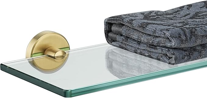JQK Bathroom Glass Shelf Gold, Tempered Glass Shower Storage 16 by 5 inches, 304 Stainless Steel Brushed Gold Wall Mount, TGS101-BG