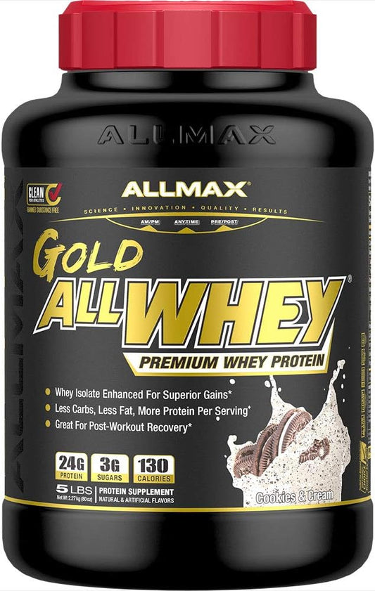 ALLMAX Nutrition Gold ALLWHEY, Cookies & Cream - 5 lb - 24 Grams of Protein Per Scoop - Gluten Free, Low Carb & Low Sugar - Approximate 71 Servings