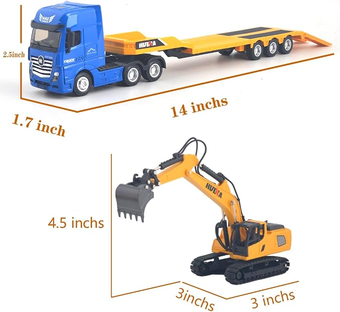 Flattrailer Heavy Duty Semi Trailer Tractor Truck w/ Excavator - Metal Construction Vehicle Toy for Kids