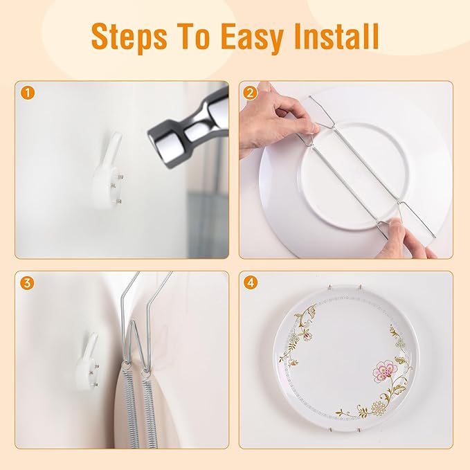 3 Pack Plate Hangers for The Wall, Suitable for 6-8 inch Art Plate, Stainless Steel Invisible Heavy Duty Wire Plate Holder with Wall Hooks, Plate Hangers for Displaying Plates, Platter, Dish, Silver