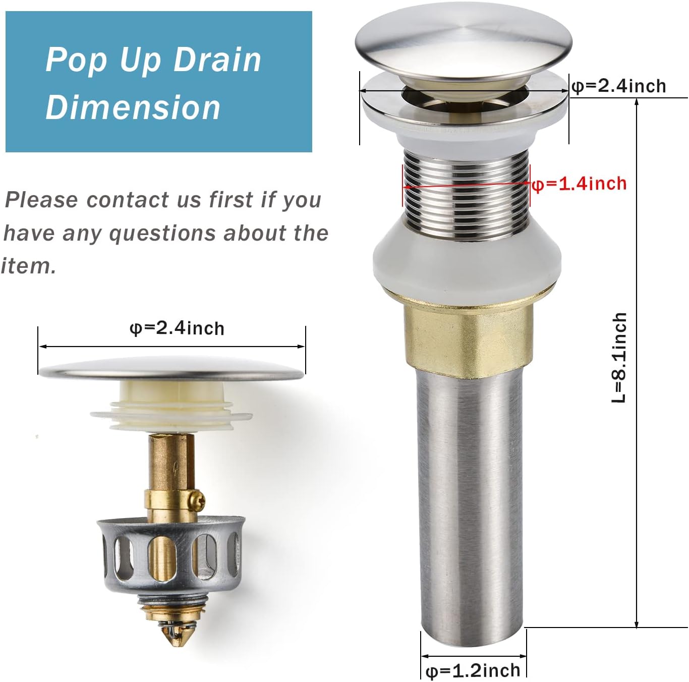 Bathroom Sink Drain,2 Pack Drain Stopper Bathroom Sink Without Overflow,Pop Up Drain Assembly with Detachable Strainer Basket,Built-in Anti-Clogging Strainer,Stainless Steel Brushed Nickel