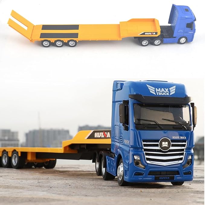Flattrailer Heavy Duty Semi Trailer Tractor Truck w/ Excavator - Metal Construction Vehicle Toy for Kids