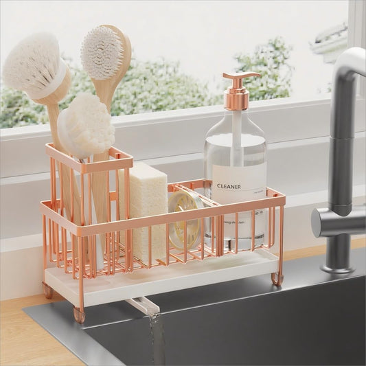 Cisily Rose Gold Sponge Holder for Kitchen Sink, Sink Caddy Organizer with High Brush Holder, Kitchen Countertop Organizers and Storage Essentials, Rustproof 304 Stainless Steel, Soap Dispenser