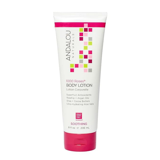 Andalou Naturals 1000 Roses Soothing Body Lotion, with Cocoa + Shea Butter, Aloe & Rosehip, Hydrating Sensitive Skin Lotion for Dry Skin, 8 Fl. Oz