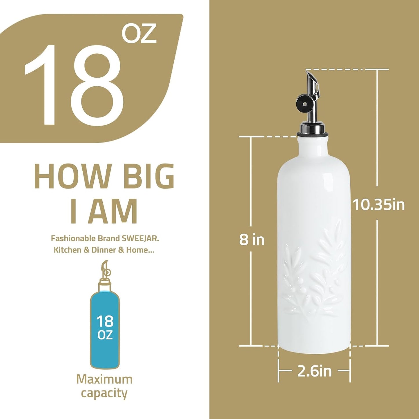 Sweejar 18 Oz Oil Dispenser for Kitchen with Gravity Spout, Ceramic Olive Oil Dispenser Bottle, Relief Opaque Vinegar Container for Evoo, Vinegar, Soy Sauce, Pack of 1(Beige, Gold Spout)