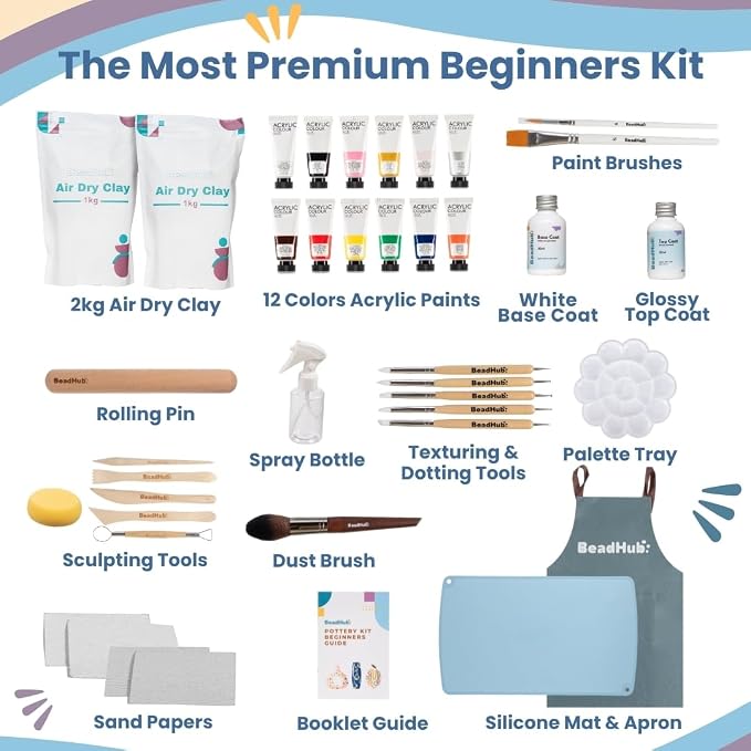 Pottery Kit for Beginners, 4.4LBS Air Dry Clay for Adults with Sculpting Tools, Paint, Glaze, 2kg Air-Dry Modeling Clay | Molding, Sculpt & Painting Set, Hobby Date Night DIY Art Craft Kits (White)
