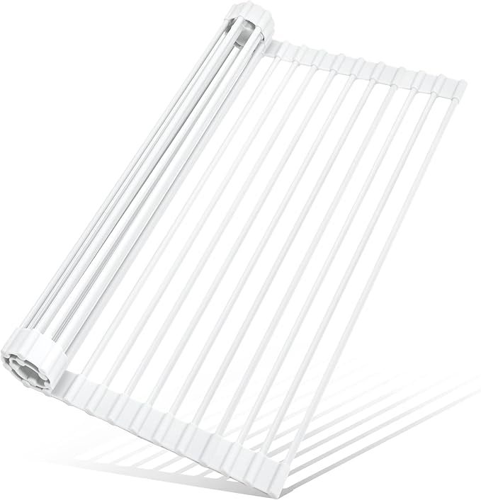 MERRYBOX Roll Up Dish Drying Rack, Silicone Wrapped Over The Sink Dish Rack Foldable Dish Drainer Anti-Slip Dish Racks for Kitchen Counter, Multipurpose Kitchen Sink Drying Rack, 18" x 13", White