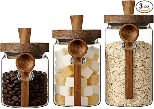 ANSQU Glass Jars with Wooden Lids and Spoons (13.5oz/20.3oz/27oz), Set of 3 Glass Food Storage Containers Coffee Jar Coffee Grounds Container, Glass Food Storage Canisters