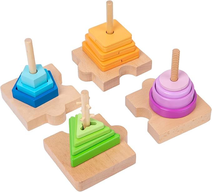 Adena Montessori 4-in-1 Shape Color Sorting Toy for Toddlers - Wooden Educational Toy With Detachable Bases, Gradients of Colors and Shapes for 12-18 Months