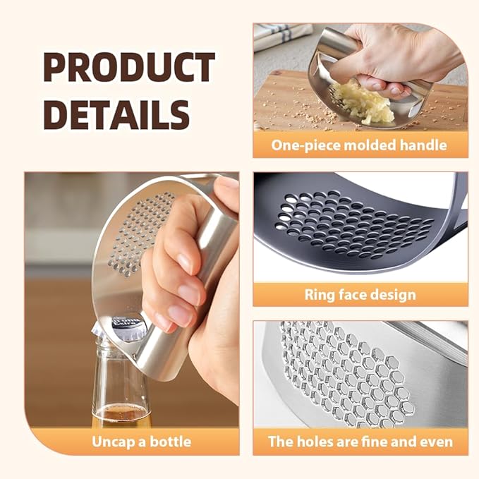 Stainless Steel Garlic Presser, Upgrade Rocker Crusher Masher with Garlic Peeling, 2026 New Portable Manual Stainless Steel Garlic Press for Home Kitchen Utensils (2)