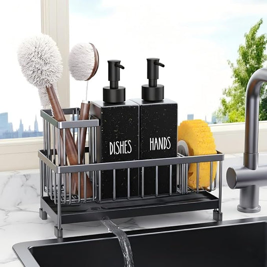 Cisily Kitchen Soap Dispenser Set with Sink Caddy, 12 Oz Glass Bottle, Hand and Dish Soap Dispenser Set with Sponge Holder, Black Stainless Steel Kitchen Countertop Sink Organizer Accessories