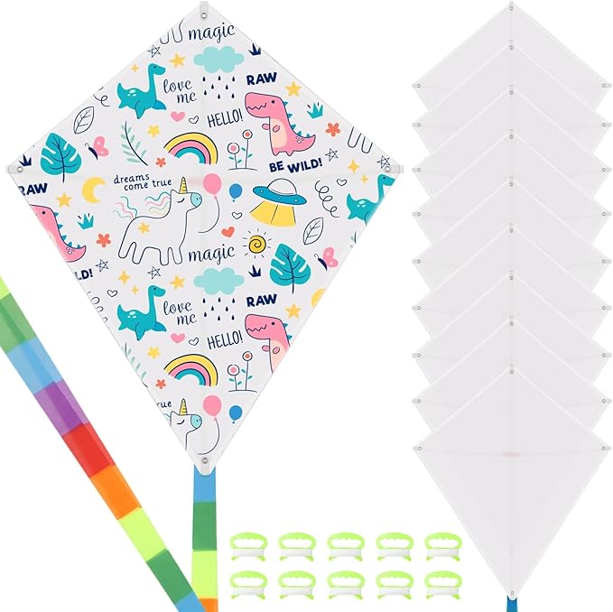 DIY Blank Kites for Kids, Bulk Kites for DIY Decorating Coloring, Kite Making Craft Kit with 10 Hand Grips with 98ft String, Easy to Fly Kite for Kids Aged 4+ Outdoor Activities