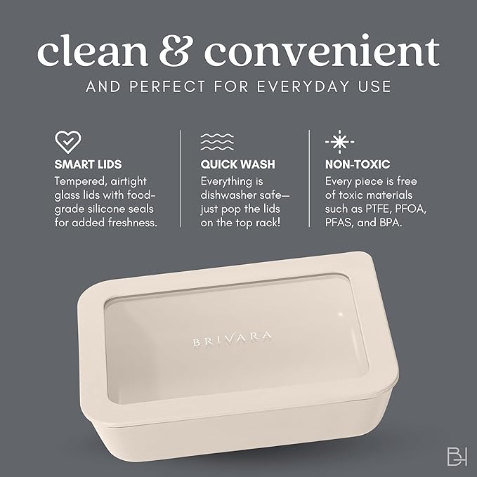 Ceramic Coated Glass Food Storage Containers | No PTFE, PFOA, PFAS, and BPA | Reusable Non Toxic Meal Prep Containers with Glass Lids | Easy To Store | 10 Piece Set [Crema]