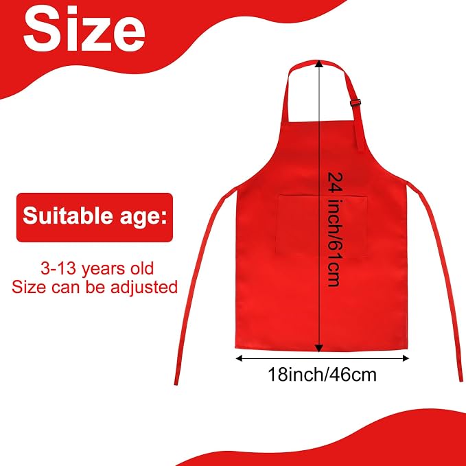 12 Pack Kids Apron bulk with 2 Pockets Adjustable Chef Art Apron Kids Painting Aprons for Cooking Baking Painting Crafting Grilling Activity（Red）