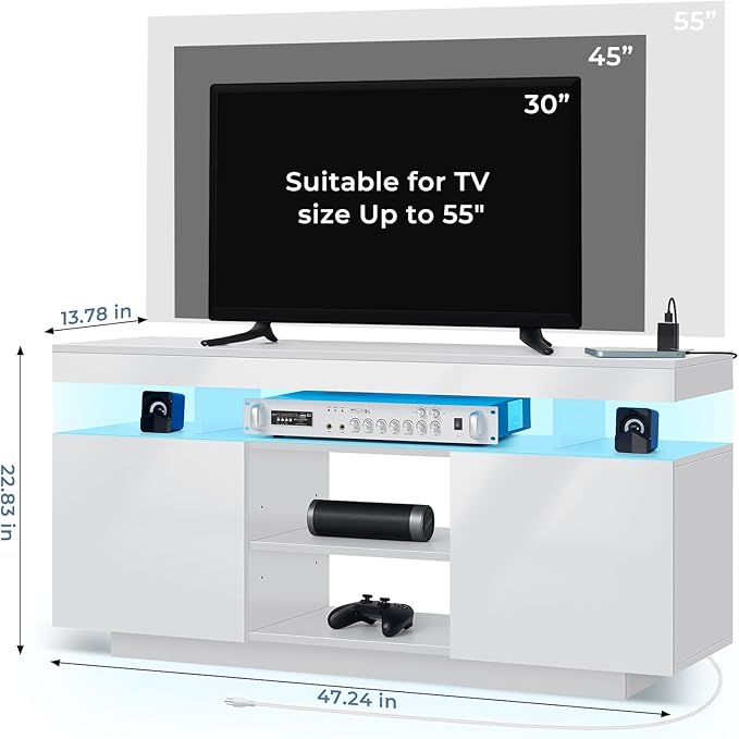 HOMMPA Modern LED TV Stand for 55/50/43/40/32 inch TV with Power Outlets, Gaming Console Storage Entertainment Center with LED Lights Game Cabinet for Living Room White