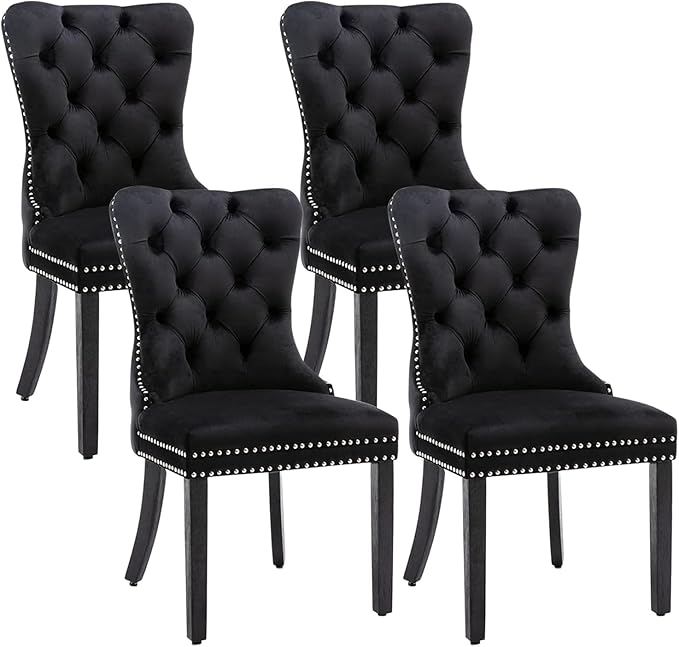Velvet Dining Chairs Set of 4, Upholstered Dining Room Chairs with Nailhead Ring Pull Trim, Button Tufted Wing Back Chairs for Dining with Solid Wood Legs for Kitchen Dining Room(Black)