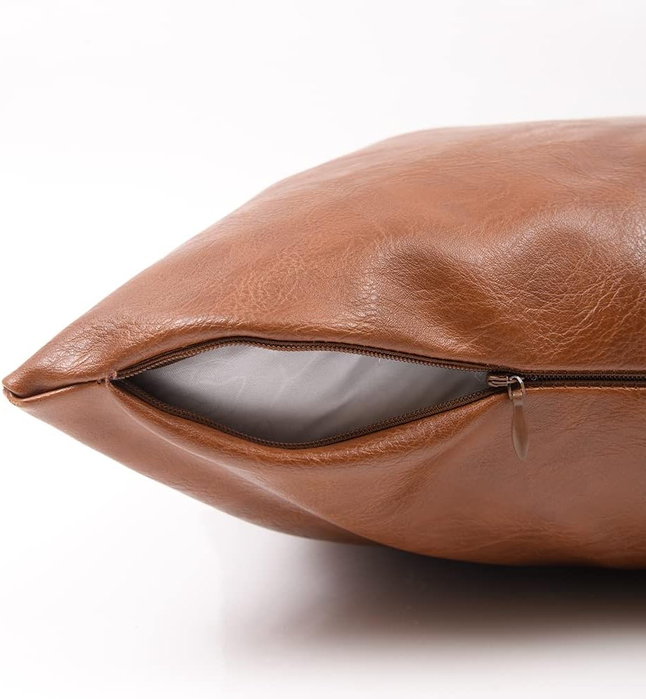 Fancy Homi Brown Boho Lumbar Faux Leather Decorative Throw Pillow Covers 12x20 Inch for Living Room Couch Bed Sofa, Hand Stitched Rectangle Cushion Case 30x50 cm, Rustic Modern Farmhouse Home Decor