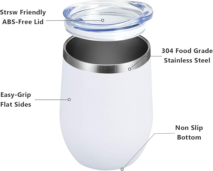 MEWAY 12oz/4 Pack Wine Tumbler Glasses with Lid - Stemless Double Wall Vacuum Stainless Steel Travel Tumbler - Keeping Cold & Hot for Wine,Coffee,Cocktails,Drinks-Family and Gifts (White,Set of 4)