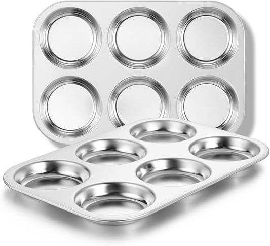 E-far Muffin Top Pan Set of 2, Stainless Steel 6-Cavity Shallow Cupcake Pan for Baking Whoopie Pie, Yorkshire Pudding, Eggs, Cornbread, Drop Cookies, Non-toxic & Standard Size, Oven & Dishwasher Safe