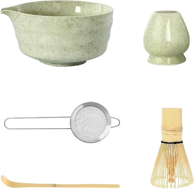 Matcha Tea Set, 5-Piece Ceremonial Kit with Ceramic Matcha Bowl (Chawan), Bamboo Whisk (Chasen) & Holder, Stainless Steel Sifter, Bamboo Scoop (Chashaku) — Japanese Tea Ceremony Gift (Green)