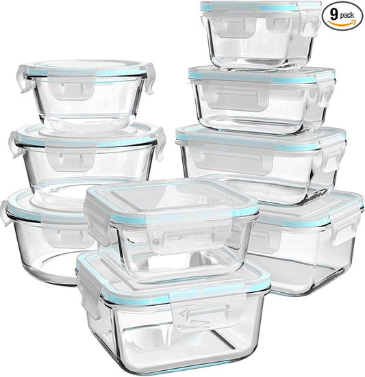 AILTEC Glass Food Storage Containers with Lids, [18 Piece] Glass Meal Prep Containers, Containers for Food Storage with Lids, BPA Free & Leak Proof (9 Lid & 9 Container)