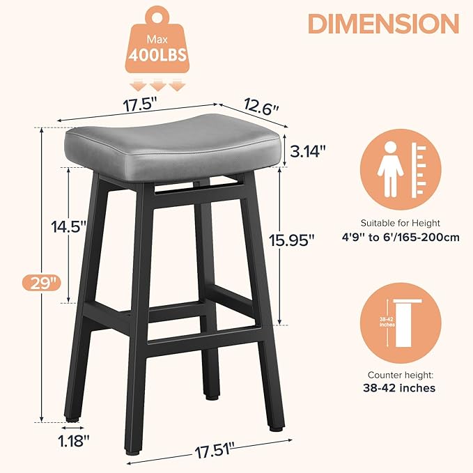29 Inches Bar Stools Set of 2, Bar Height Barstools for Home Counter, Blackless Barstool with Bonded Leather Saddle Seats & Heavy Duty Metal Legs, Easy Assembly, All Black
