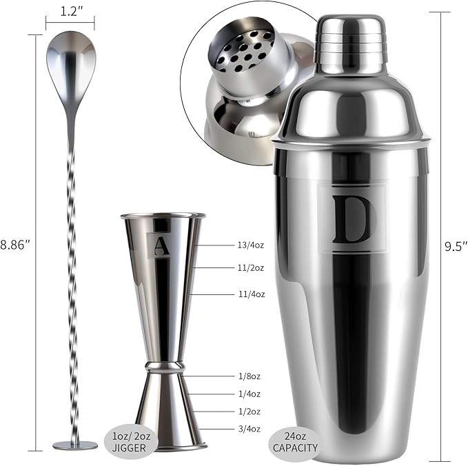 24oz Cocktail Shaker Set with 1 oz 2oz Jigger - Monogramm Initials Martini Shaker Set - 304 Stainless Steel Bar Shaker for Margarita,Mojito-Personalized Gift for Friend,Husband-J