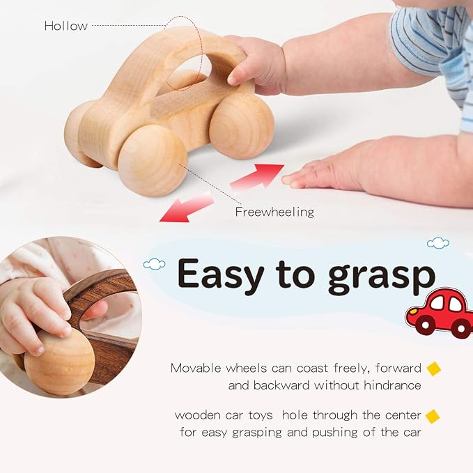 Organic Baby Push Car Wooden Toys 2pc Wood Car and Fine Movement Development and Infant Grasping Montessori Toys