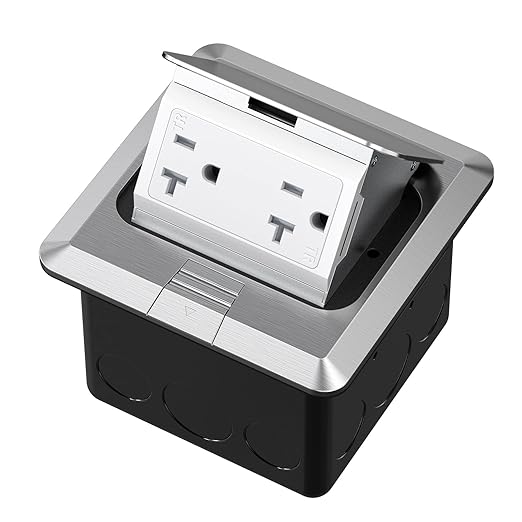 KYHSHJ Pop Up Floor Electrical Outlet Box Kit，20 Amp Stainless Steel TR Tamper-Resistant Duplex Receptacle Outlet， Corrosive Resistant Hardware，ETL Listed, Silver