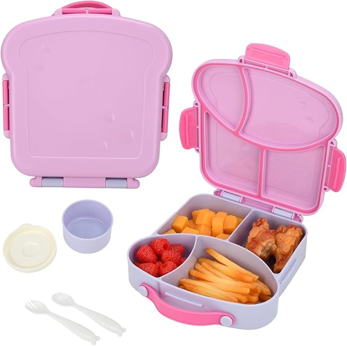 Bento Box for Kids School Lunch Box with Utensils and a Dipping Bowl, Leak-Proof 4 Compartments with Carrying Handle, BPA-Free Bento Box for Girls and Boys in School, Preschool, Daycare (Purple)