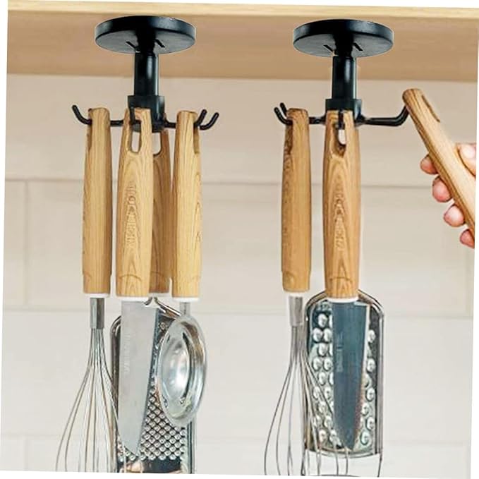 TOYANDONA 3pcs Kitchen Utensil Hooks Set with Rotating Black Hanging Organizer, Nail-Free Under Cabinet Cooking Sundries Holder for Spoon, Spatula, and Ladle Storage