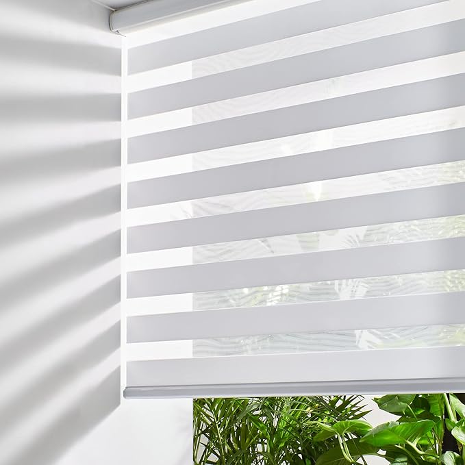Persilux Cordless Zebra Blinds for Indoor Windows, Free-Stop Light Filtering Sheer Shades, Dual Layer for Day and Night, Roller Shades for Home (27.5" W X 64" H, White)
