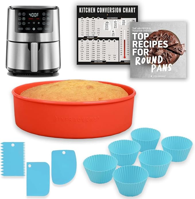 Air Fryer Silicone Baking Set, 7.5” Cake Pan, Muffin Cups, Scraper & Cheat Sheet – Non-Stick, BPA-Free Bakeware for Instant Vortex, Cosori, Ninja, PowerXL Grill, Chefman & More by INFRAOVENS