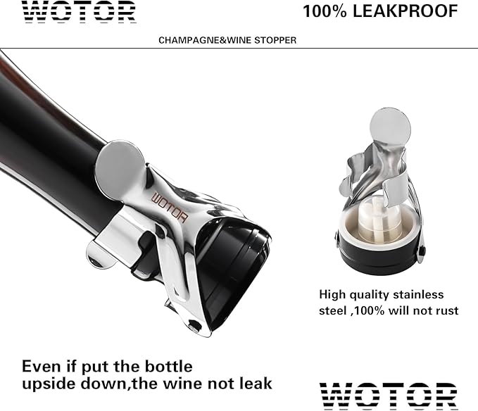 WOTOR Champagne&Wine Bottle Stoppers Stainless Steel with Food Grade Silicone, Leak Proof Keep Fresh Reusable Saver, Cork Suitable for Wine, Champagne, Cava, Prosecco and Sparkling (8 Pack Silver）