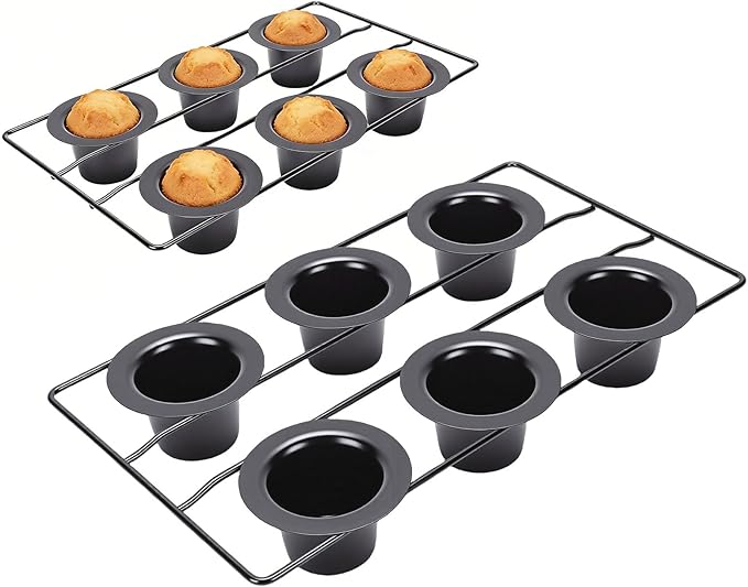 VBESTLIFE 6 Cup Popover Pan, Non Stick Carbon Steel Bakeware for Muffins and Popovers, with Wire Rack for Even Baking and Easy Cleanup