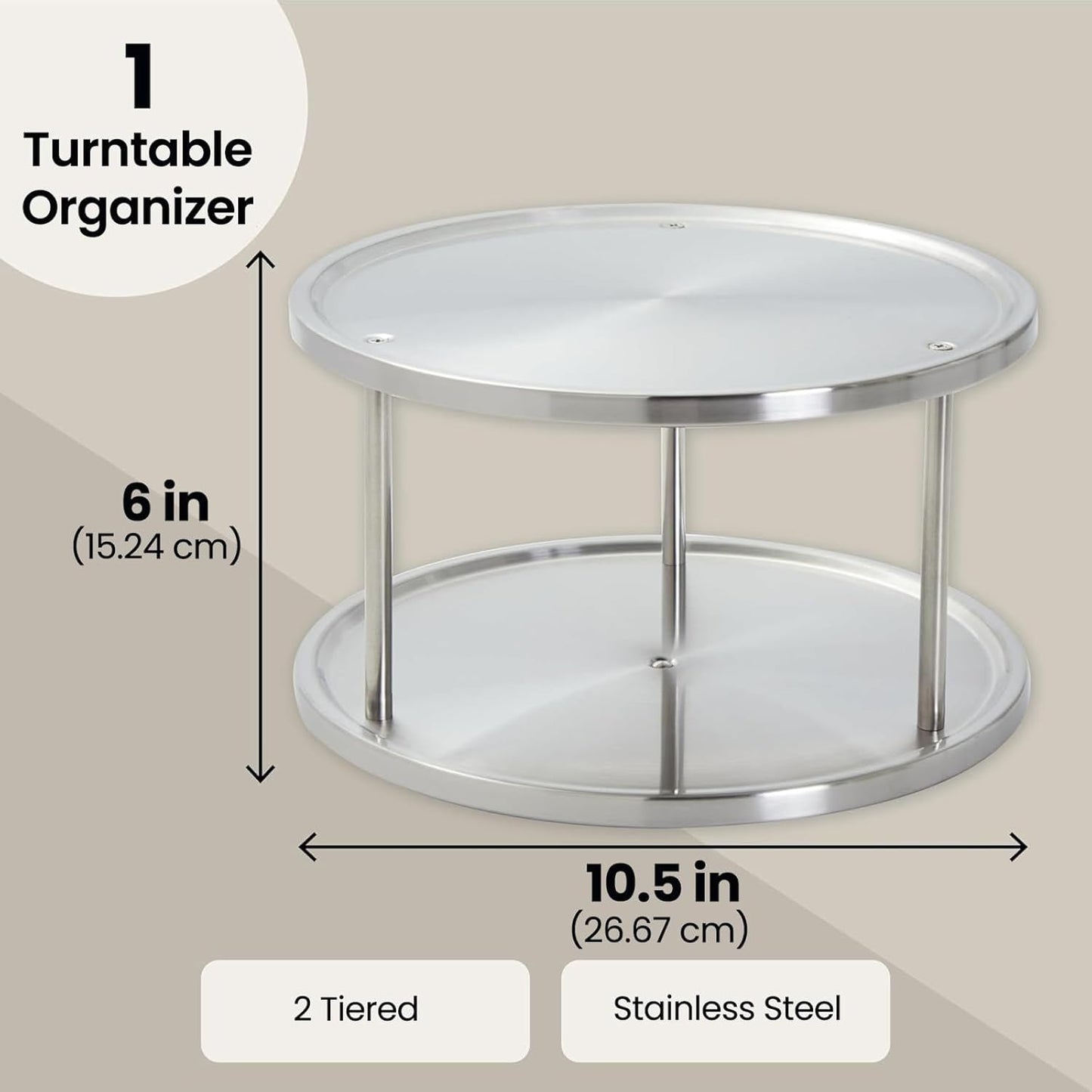 Juvale 2-Tier Lazy Susan Spice Rack Organizer for Cabinet - 10.5 in, Stainless Steel - Kitchen Countertop Organizer & Spice Carousel for Pantry Organization (Pack of 2)