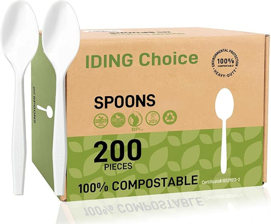 100% Compostable 200 Count No Plastic Spoons, Plastic Utensils, The Heavyweight Heavy Duty Flatware is Eco-Friendly Products for Lounge Party Wedding Office BBQ Picnic Camping.
