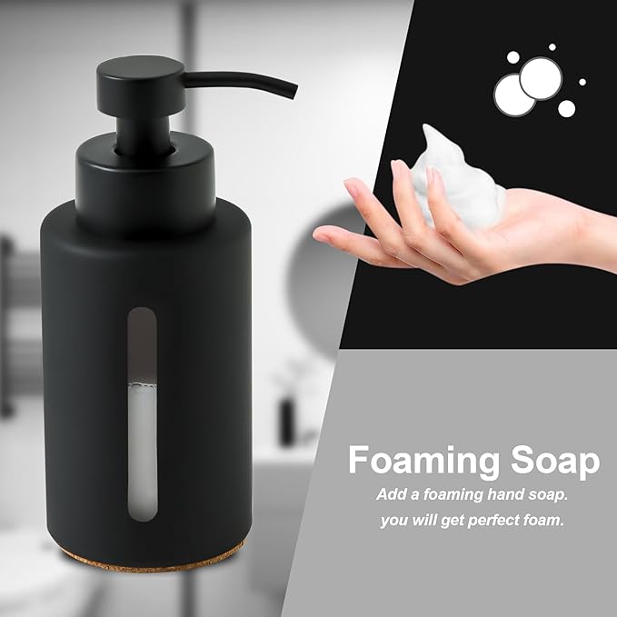 Enra Thick Glass Foaming Soap Dispenser with Clear Window,12oz Black Bathroom Soap Dispenser with Stainless Steel Pump, Modern Boho Refillable Pump Bottle for Bathroom Kitchen (Foam-Black)