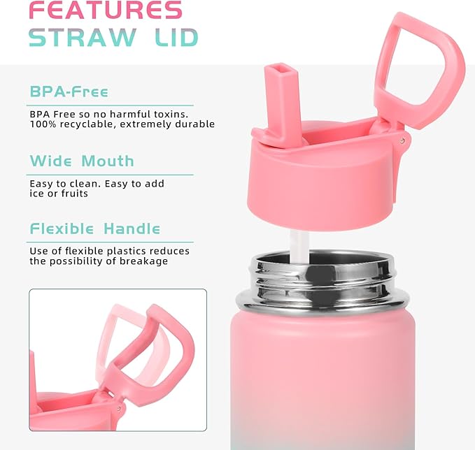 Volhoply 14oz KIds Water Bottle with Straw Lid and Silicone Boot Bulk 2 Pack,Stainless Steel Insulated Cups for Boys & Girls Multipack,Double Wall Vacuum Leakproof Bottles(Pink Green,2)