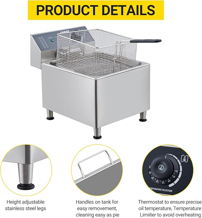 GarveeHome Commercial 11 L/3.3 gal Deep Fryer 1700W,201 Stainless Steel Electric Fryer with Adjustable Thermostat, Extra-Thick 6 LB Basket & Splash Guard Lid for Restaurant, Food Truck, Home Kitchen
