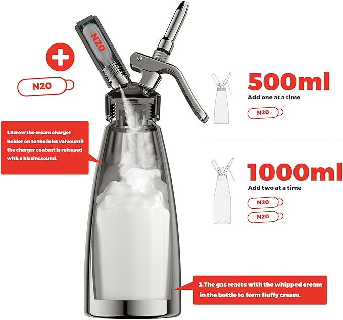 Whipped Cream Dispenser Stainless Steel Keep Warm and Cold,500mL/1 Pint Double Wall Thermos Whipped Cream Maker,5 Various Stainless Decorating Nozzles,1 Cleaning Brush,N2O Chargers NOT Included