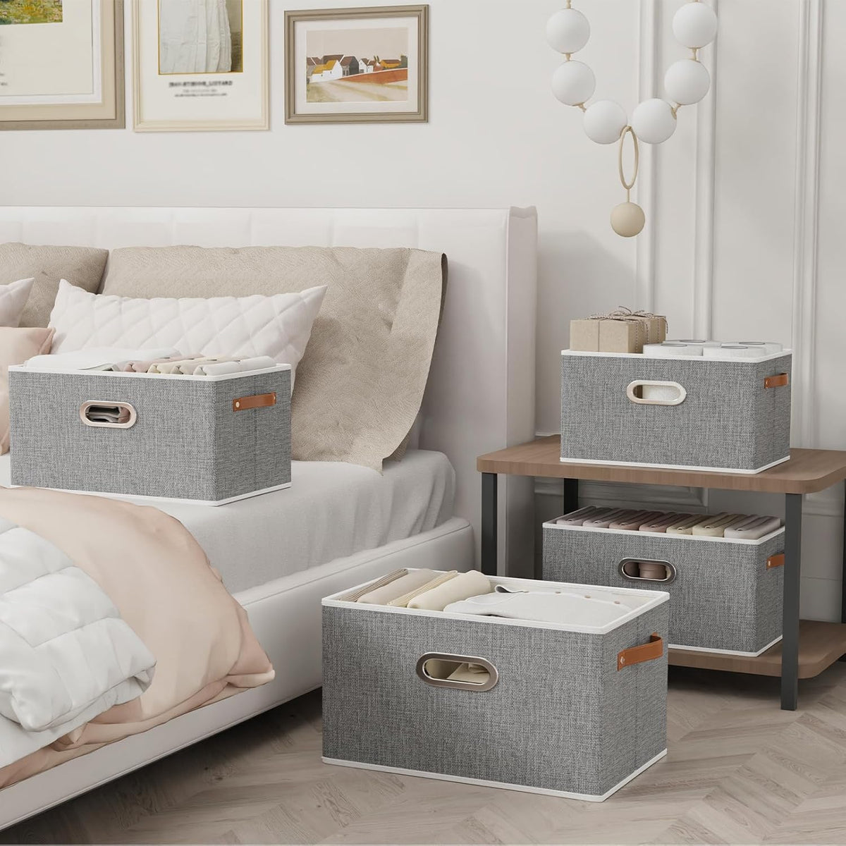 Yawinhe Fabric Storage Baskets, Foldable Closet Organizer for Shelves, Large Boxes with 3 Handles, Canvas Bins for Clothes, Grey, 12.99''Lx9.05''Wx7.87''H, 6-Pack