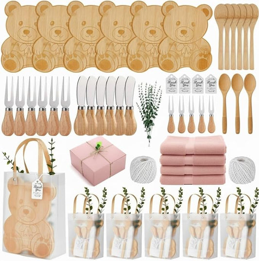 50 Pcs Baby Shower Prizes for Game Winners 6 Sets Bear Shaped Cheese Board Gift with Spoons Forks Knives Eucalyptus Box Raffia Cards Dishcloths Rope for Guests Bridal Party Favor(Pink)