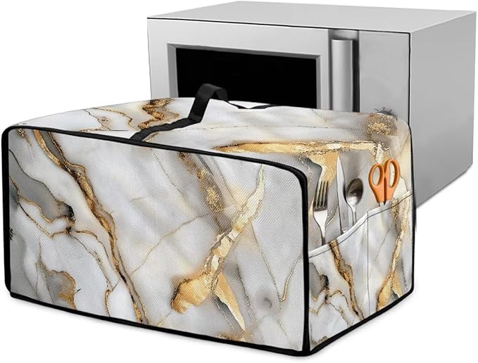 Toaster Oven Dust Cover with Storage Pockets, Protective Decorative Smart Oven Cover for for Kitchen Countertop, M, 16.5 x 20.5 x 10 inches, White Gold Gray Marble