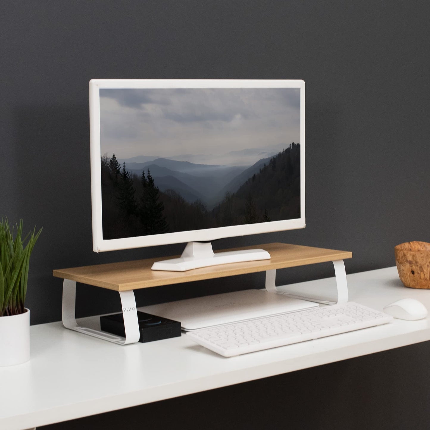 VIVO 24 inch Monitor Stand, Wood and Steel Desktop Riser, Screen, Keyboard, Laptop, Small TV, Ergonomic Desk and Tabletop Organizer, Light Wood, STAND-V000WM
