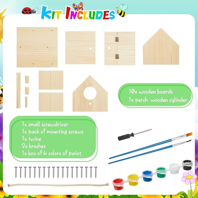 Liliful 8 Sets Wooden DIY Birdhouse Kit, Unfinished Bird Houses with Paints and Paintbrushes, Bird Feeder Craft Arts for Kids Ages 4-8, 8-12, Classroom Activity and Adults Wooden Craft Gifts