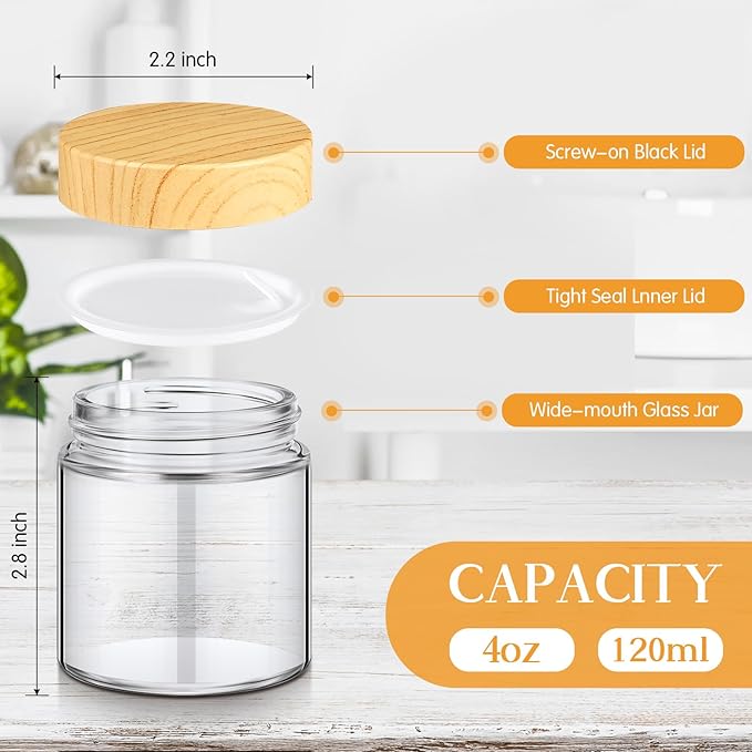 Norme 24 Pcs 4 oz Glass Jars with Lids, Empty Glass Containers with Woodgrain Lids & Inner Liners, Reusable for Storing Creams Lotions Cosmetic Powder Ointments Making (natural wood)